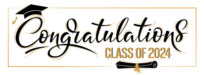 Congratulations Class of 2024 greeting sign. Congrats Graduated. Congratulating banner. Handwritten brush lettering. Isolated vector text for graduation design, greeting card, poster, invitation.