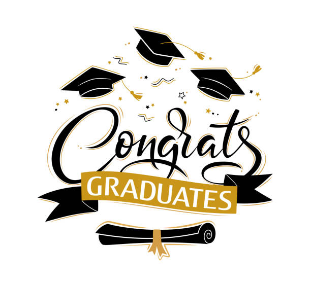 istock Congrats Graduates. Greeting lettering sign with academic caps and diploma. Congratulating vector banner for graduation party, congratulation ceremony,  card. University, school, academy grads symbol 2149100751