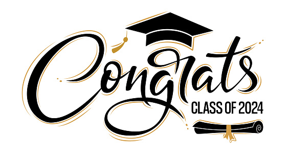 Congrats Class of 2024 greeting sign with academic cap and diploma. Congrats Graduated. Congratulating banner. Handwritten brush lettering. Isolated vector text for graduation design, card, poster.