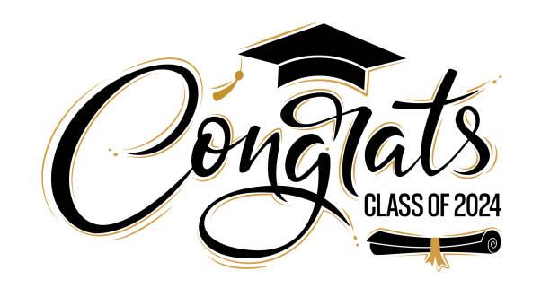 Congrats Class of 2024 greeting sign with academic cap and diploma. Congrats Graduated. Congratulating banner. Handwritten brush lettering. Isolated vector text for graduation design, card, poster vector art illustration