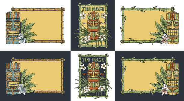 ilustrações, clipart, desenhos animados e ícones de coleção de máscaras de tiki de madeira do havaí. ídolo étnico tradicional de maori ou polinésio. totem tribal velho para tiki bar. conjunto de máscaras tiki havaianas com fundo de verão e bambu com elementos de moldura - pattern maori tattoo indigenous culture