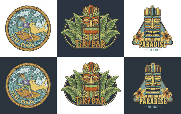 ilustrações, clipart, desenhos animados e ícones de prancha de surf. surf havaí moderno ou prancha de surf para tiki bar. tradicional tabuleiro havaiano étnico. surfista de verão tribal - pattern maori tattoo indigenous culture