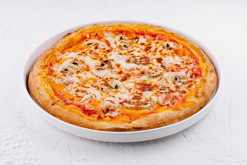 Delicious cheese pizza with a golden crust, served on a white plate against a white background