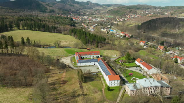 An aerial view of a large building with an orange-tiled roof surrounded by a serene landscape with lush trees, a tranquil pond, and a backdrop of a quaint town nestled in the rolling hills.