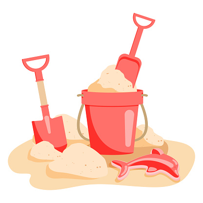 A bucket with sand, shovels and a dolphin toy for creating sand figures. Red children toys for the sandbox. Vector illustration on a white background