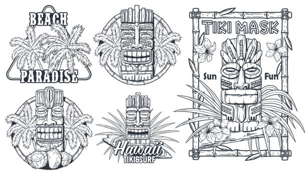 ilustrações, clipart, desenhos animados e ícones de coleção de máscaras de tiki de madeira do havaí. ídolo étnico tradicional do havaiano, maori ou polinésio. totem tribal velho para tiki bar. conjunto de intrincadas máscaras tiki para estampas e decorações temáticas tropicais. - pattern maori tattoo indigenous culture
