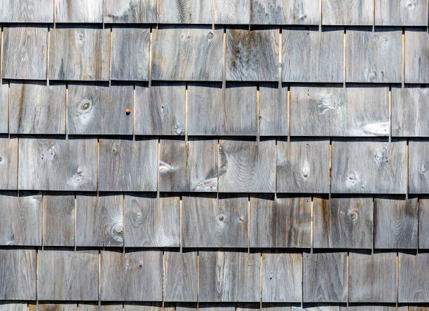 istock Several rows of weathered gray cedar shingles in morning light close view. 2149102384