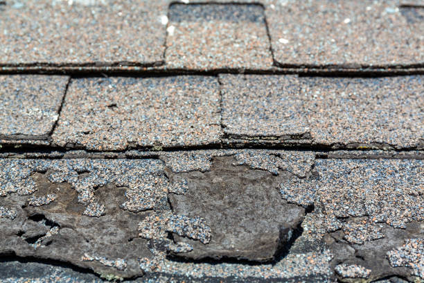 istock Close view of weathered shingles with a layer curled and damaged from the sun. 2149102432