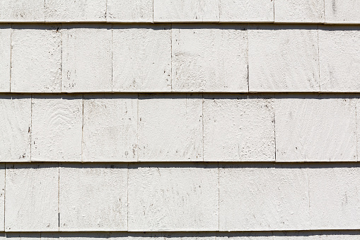 Image of a very close view of painted cedar shingles in morning light.