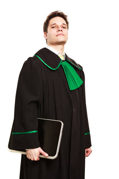 Photo of smiling senior woman judge wear black robe have tribunal decision isolated grey color background.