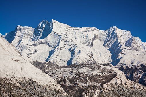 Kongde Ri mountain range landscape from Namche Bazar in Everest or Khumbu region in Himalaya in Nepal