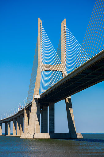 The Vasco da Gama Bridge is a cable stayed bridge that spans the Tagus River in Lisbon city, Portugal