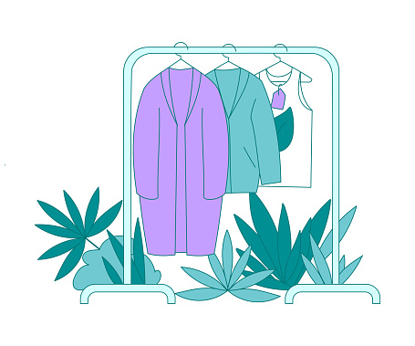 Rack with Hanging Clothing and Growing Plants as Eco Friendly Vector Illustration. Ecology and Zero Waste Environment