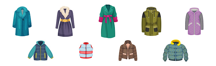 Woman Outerwear and Trendy Warm Seasonal Clothing Vector Set. Stylish Coat and Puffer Garment with Long Sleeve