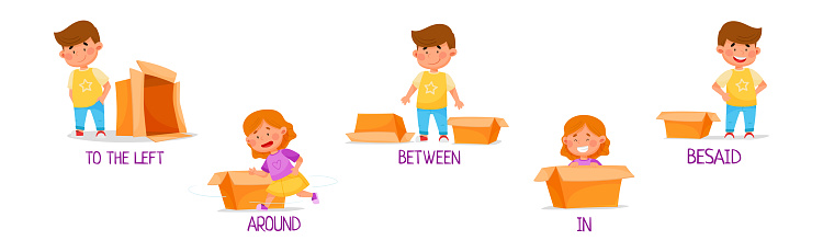 Little Girl and Boy with Carton Box as Prepositions of Place Demonstration Vector Set. Funny Playful Kid Grammar Learning