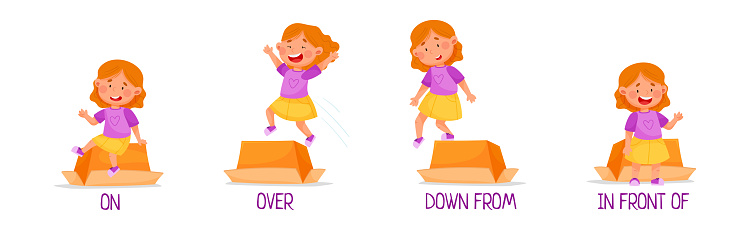 Little Girl with Carton Box as Prepositions of Place Demonstration Vector Set. Funny Playful Kid Grammar Learning