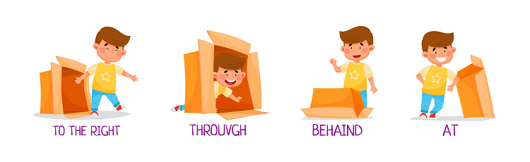 Little Boy with Carton Box as Prepositions of Place Demonstration Vector Set. Funny Playful Kid Grammar Learning
