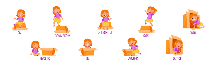 Little Girl with Carton Box as Prepositions of Place Demonstration Vector Set. Funny Playful Kid Grammar Learning