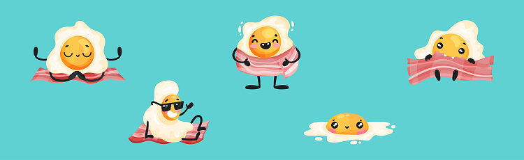Funny Egg Character with Bacon Strip Vector Set. Tasty Morning Food and Breakfast Meal