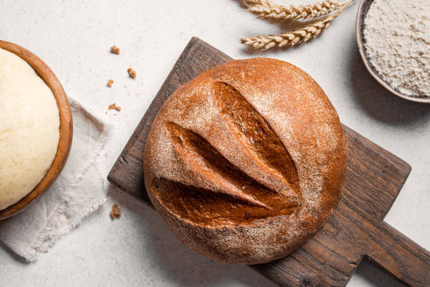 Fresh Sourdough Bread and ingredients. Bread making.