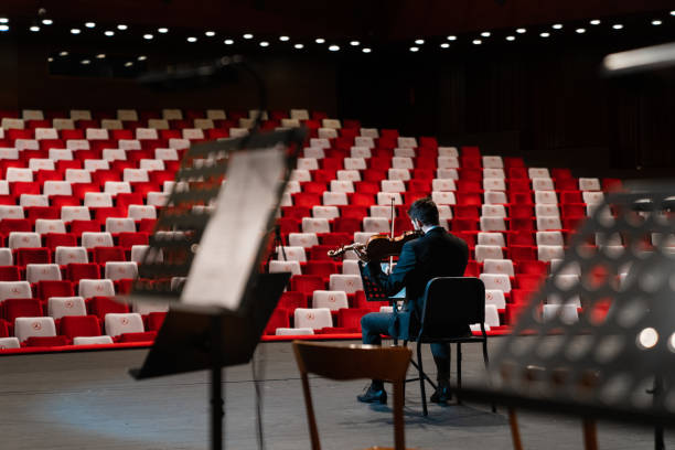 Istanbul, Turkey - Feb 16 2021: View from renovated Ataturk Cultural Center at evening before an event, known as AKM in Taksim square, (known Ataturk Kultur Merkezi in Turkish)