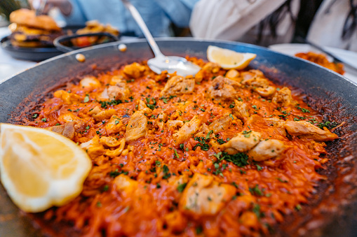 Spanish paella dish at the restaurant in Málaga In Spain.