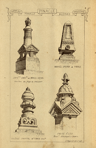 Vintage illustration Architectural pinnacle, History of architecture, decoration and design, art, French, Victorian, 19th Century. A pinnacle is an architectural element originally forming the cap or crown of a buttress or small turret, but afterwards used on parapets at the corners of towers and in many other situations.