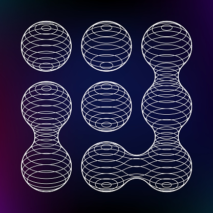 3d globe line wireframe grid. Connected round shapes abstract mesh. Universe spiral tubes and spiral elements. Molecule substance atoms or metaball neural cell.