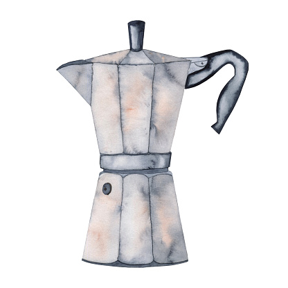 Geyser coffee maker for making mocha watercolor illustration. Image of a coffee pot in retro style on an isolated background.