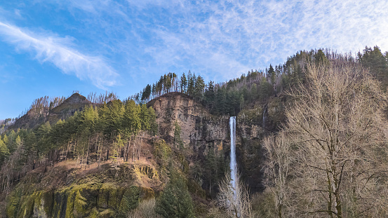 View of the roaring Multnomah Falls on a February day.