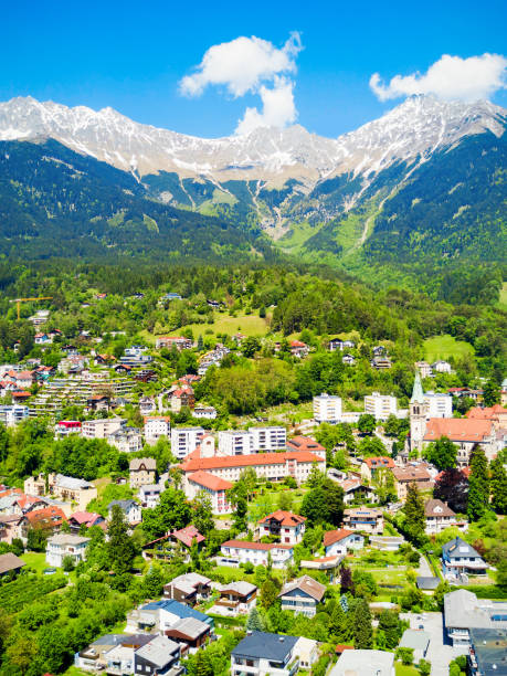 Innsbruck and Alps mountains aerial panoramic view. Innsbruck is the capital city of Tyrol in western Austria.