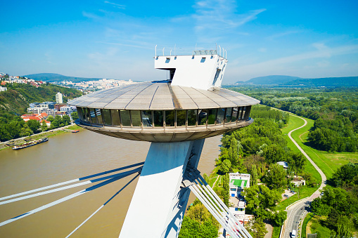 Ufo viewpoint at the SNP New Bridge aerial panoramic view. SNP is a bridge through Danude river in Bratislava. Bratislava is a capital of Slovakia.