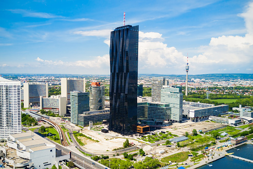 Danube City aerial panoramic view. Donaustadt is the district of Vienna, Austria. Danube City is a modern quarter with skyscrapers and business centres in Vienna, Austria.