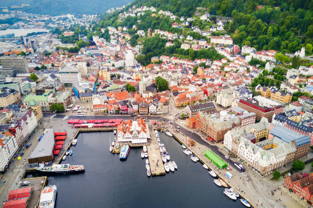Bryggen aerial panoramic view. Bryggen is a series commercial buildings at the Vagen harbour in Bergen, Norway.
