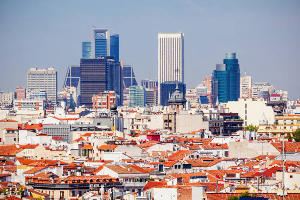 Aerial panoramic view of business districts of AZCA and CTBA in Madrid, Spain