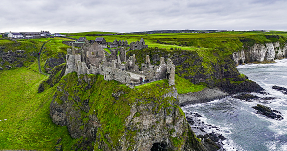 Aerial view of popular tourist destination in Northern Ireland, ruined historical site located in Northern Ireland