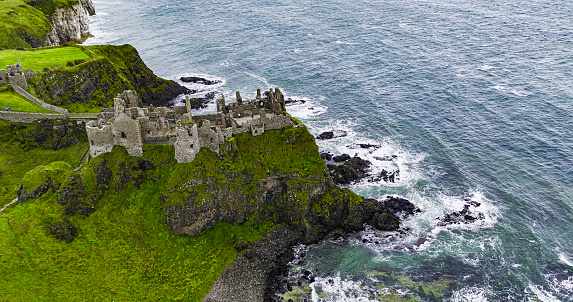 Aerial view of popular tourist destination in Northern Ireland, ruined historical site located in Northern Ireland