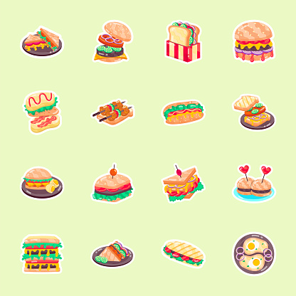 Get trendy vector assets for your websites, apps, social media, and related projects with our flat sandwiches stickers set.