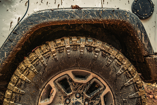Dirty Muddy SUV Wheel. Off Road Drive Theme