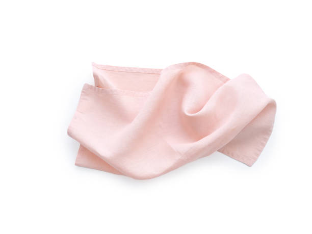 istock Flat lay with pink linen kitchen napkin isolated on white background. Folded cloth for mockup 2149112253