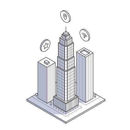 Contour style skyscrapers illustrate a smart city concept. Isometric line art urban landscape for futuristic city life and technology themes. Wifi and location icon above buildings