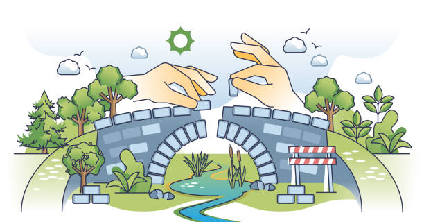 Conflict resolution and overcome discussion obstacles outline hands concept Conflict resolution and overcome discussion obstacles outline hands concept. Mediation and assistance to bond two opposite opinions for compromise vector illustration. Resolve business problems. bridge hand stock illustrations