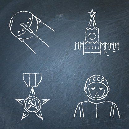 USSR symbols chalkboard icon set. First cosmonaut and artificial satellite, star medal and Kremlin tower. Vector illustration.