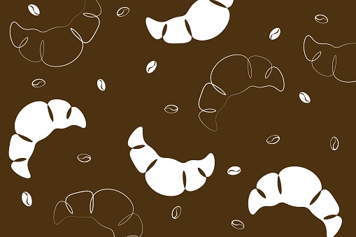 Set of croissant and coffee drawn in one line style. Breakfast theme with linear pastry and coffee simple sketch design. Vector illustration pattern background