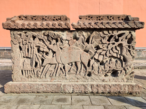 Old bas relief at the Mukden Palace, or Shenyang Imperial Palace, the former palace of the Later Jin dynasty and the early Qing dynasty. It was built in 1625, and the first three Qing emperors lived there from 1625 to 1644. It lies in the center of Shenyang, Liaoning.