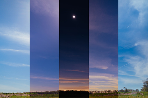 A merge of five wide-angle photos taken throughout the 2024 Total Solar Eclipse.