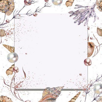 Marine-themed card. Seashells, Seaweed, Pearls. Watercolor illustration. Frame. in Lilac colors. for invitations, design elements, postcards, travel lists, summer accessories, logos travel agencies.