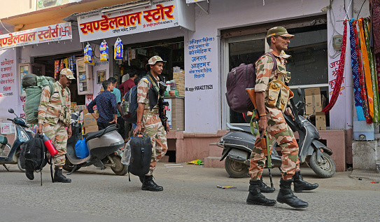 Beawar, India, November 24, 2023: Indo Tibetan Border Police (ITBP) personnel arrives for poll duty on the eve of voting for Rajasthan Assembly elections, at a polling station in Beawar.