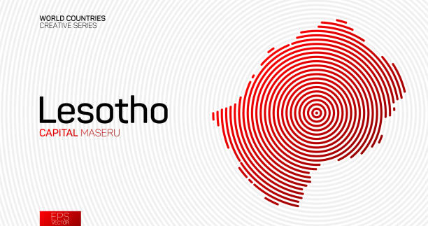 illustrations, cliparts, dessins animés et icônes de carte abstraite du lesotho avec des lignes circulaires rouges - lesotho