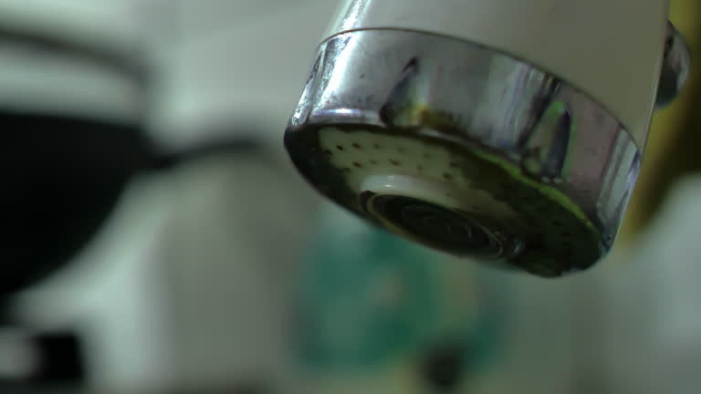Close up of the sink faucet leaking and dripping water in the dirty and dark kitchen, depicting the slovenliness and neglect of the house